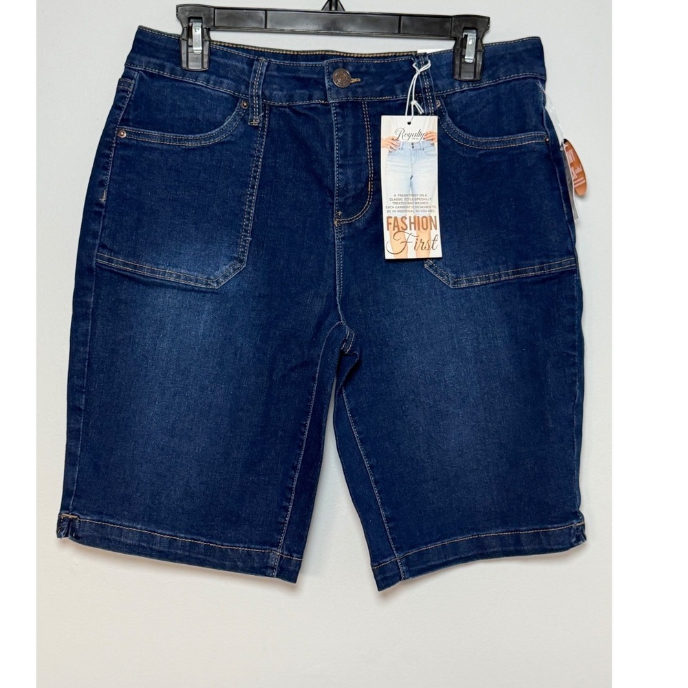 Royalty for Me Womens Mid Rise Bermuda Shorts Dark Wash Tummy Control 12